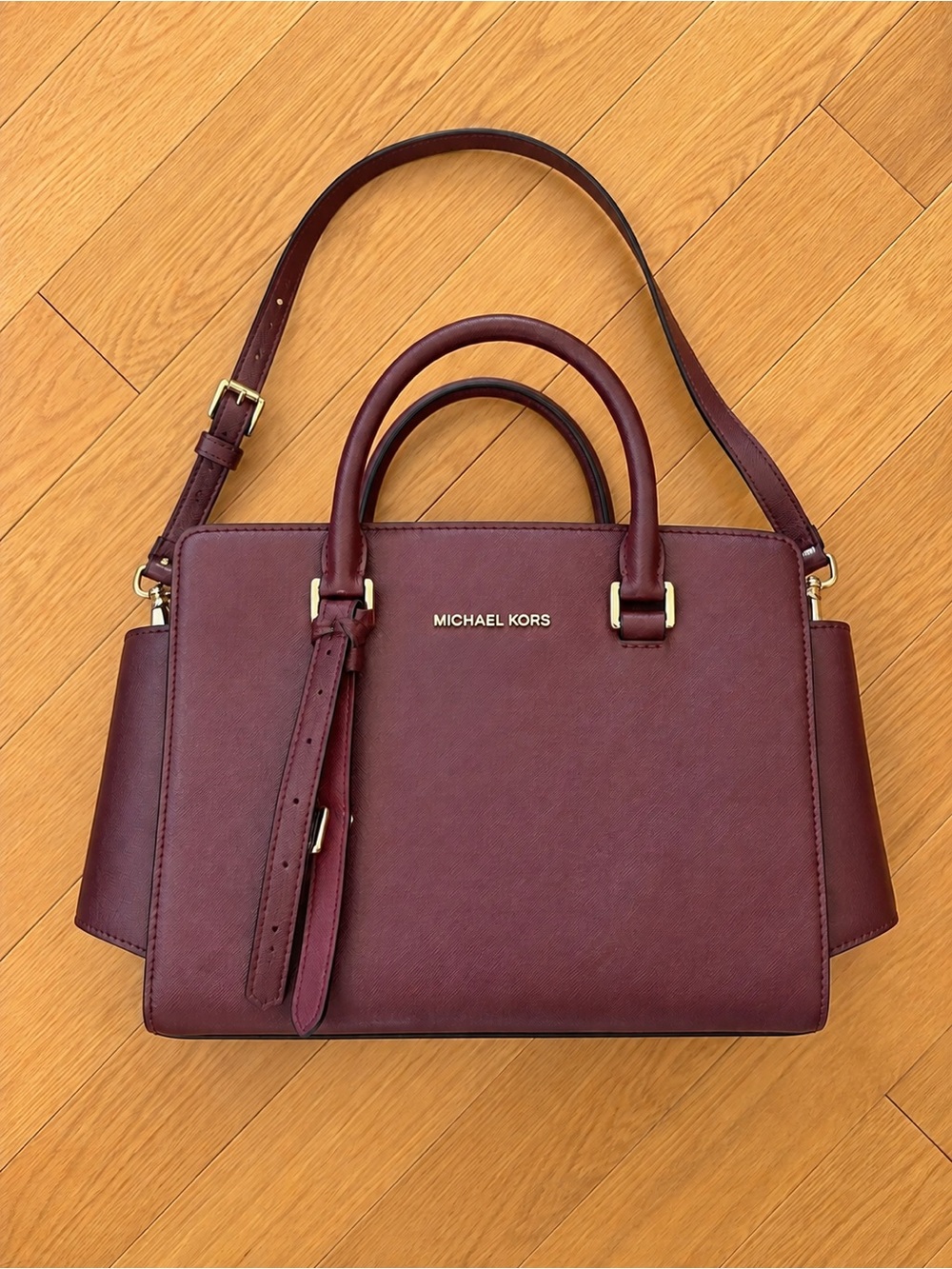 Michael Kors Wine Saffiano Leather Satchel with Gold Hardware